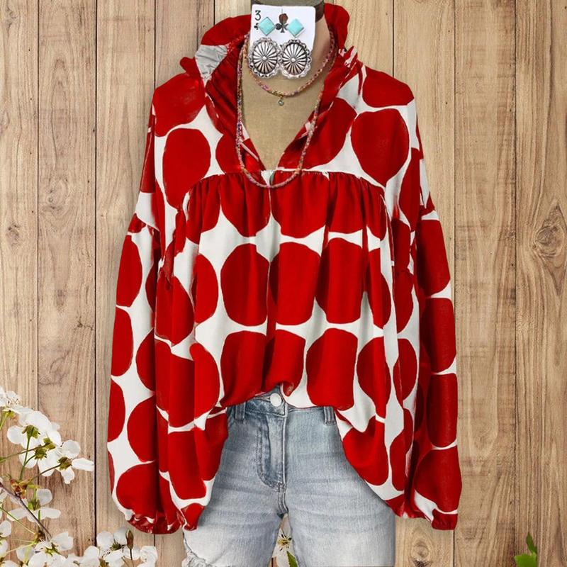 FIONA™ - Elegant V-Neck Red Dot Print Blouse with Lantern Sleeves