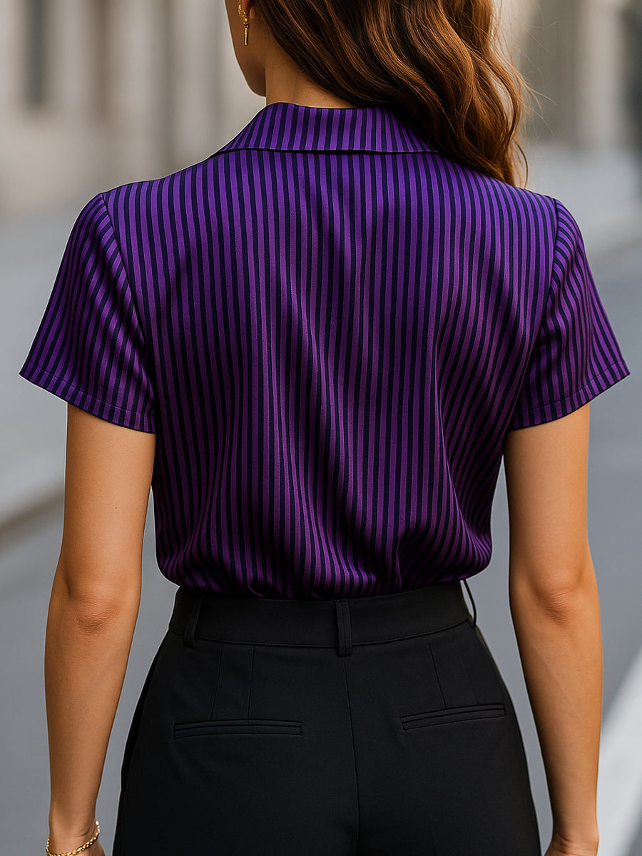 Olivia - Satin Stripe Short-Sleeve Glossy Blouse with Wide Collar