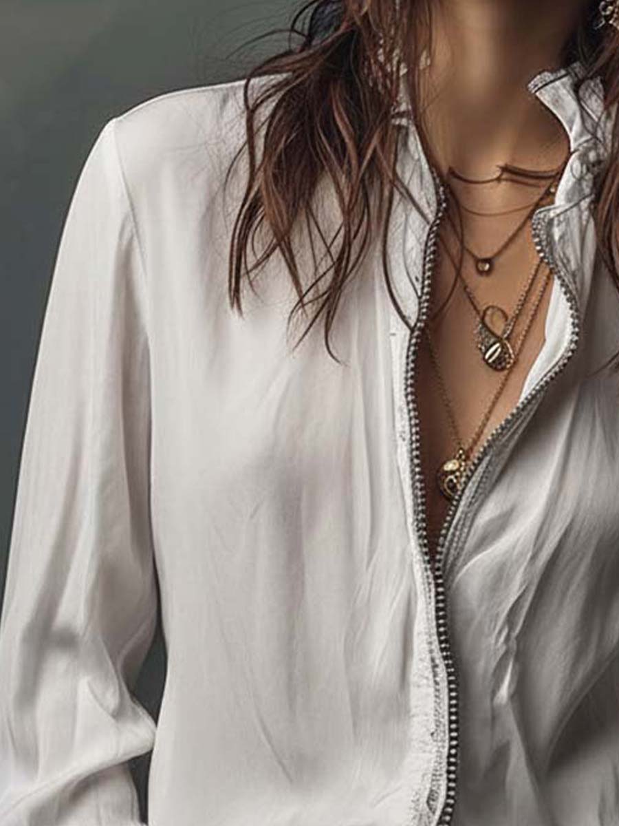 Alix - White Zip-Front Blouse With Flounce Cuffs