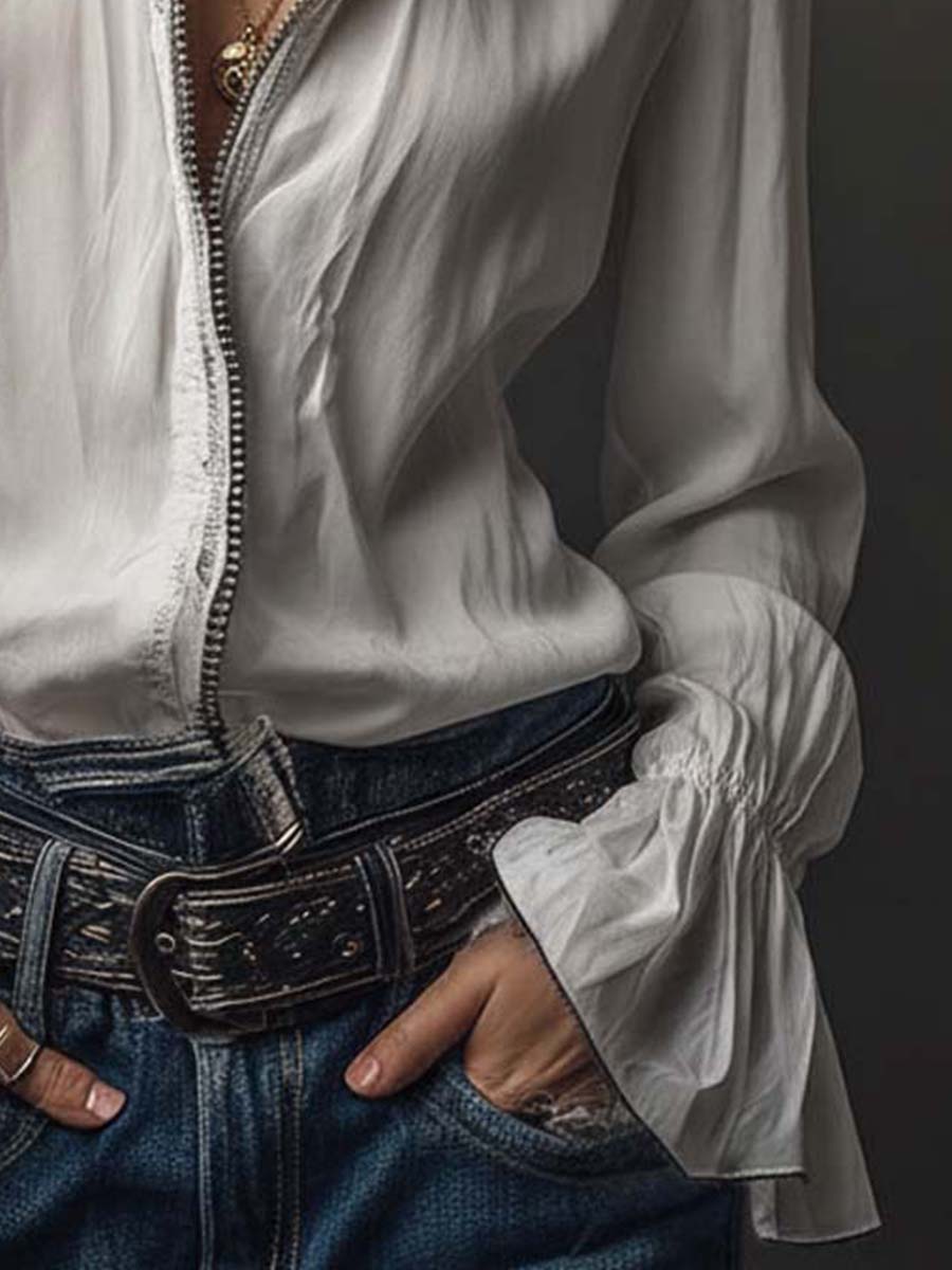 Alix - White Zip-Front Blouse With Flounce Cuffs