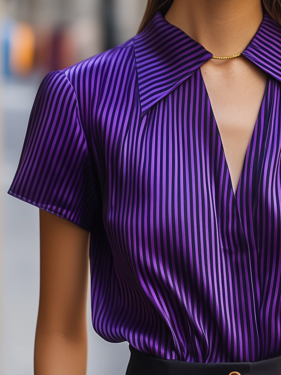 Olivia - Satin Stripe Short-Sleeve Glossy Blouse with Wide Collar