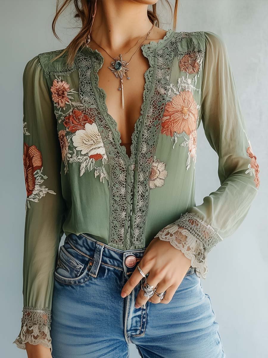 Emily - Bohemian Floral Printed Lace Blouse