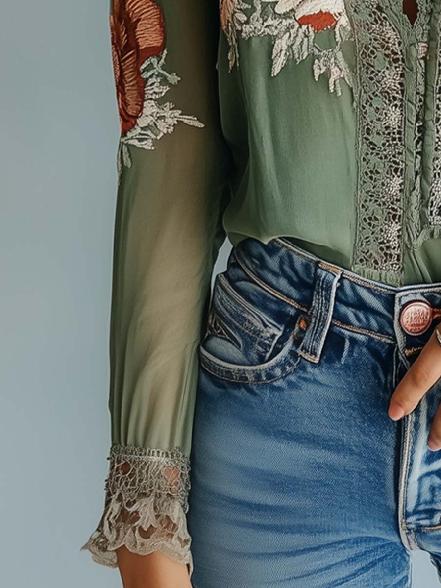 Emily - Bohemian Floral Printed Lace Blouse
