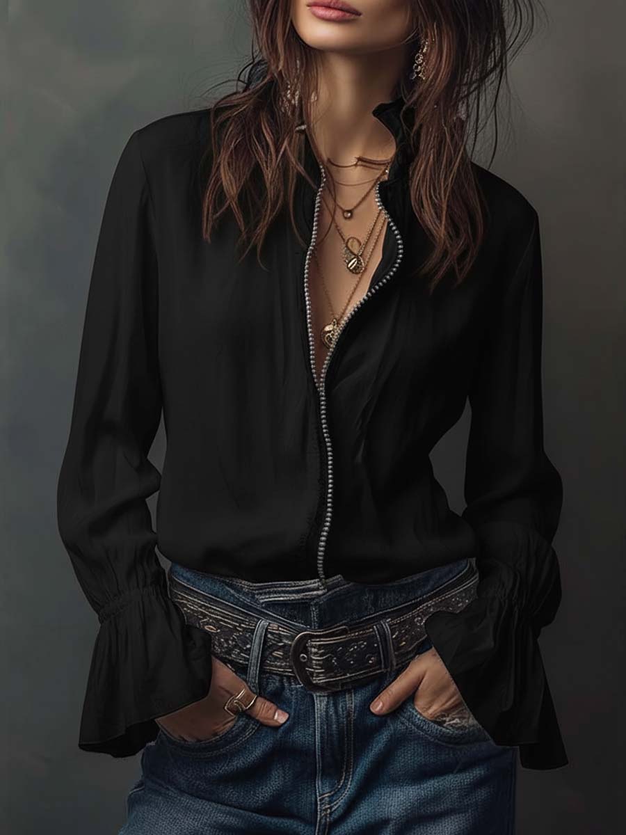 Alix - White Zip-Front Blouse With Flounce Cuffs