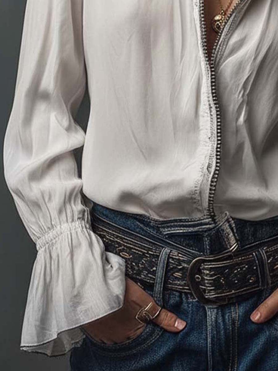 Alix - White Zip-Front Blouse With Flounce Cuffs