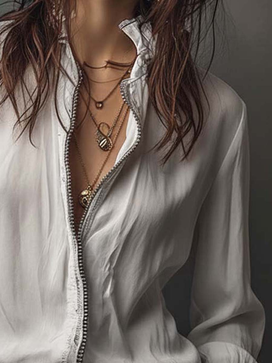 Alix - White Zip-Front Blouse With Flounce Cuffs