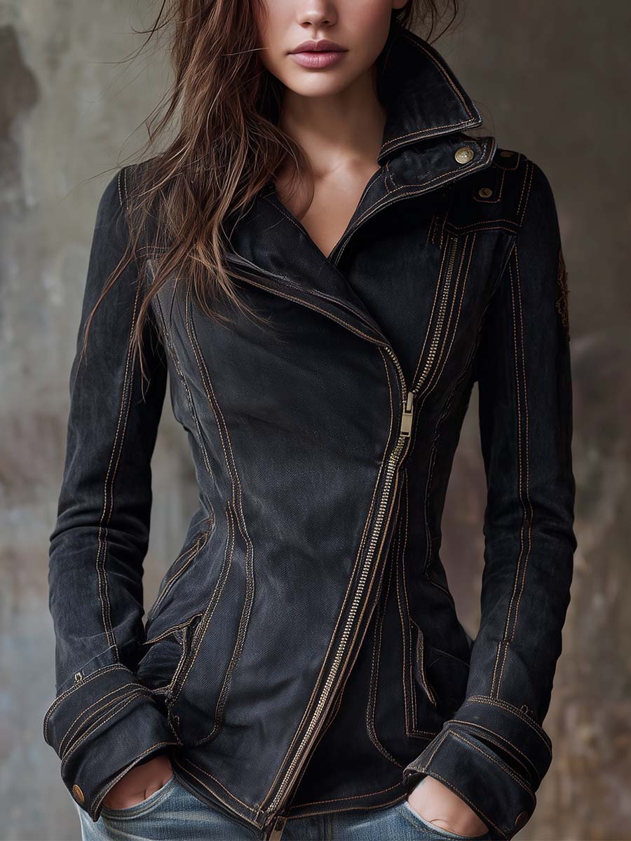 Mary | Vintage Washed Denim Moto Jacket – Charcoal Edge