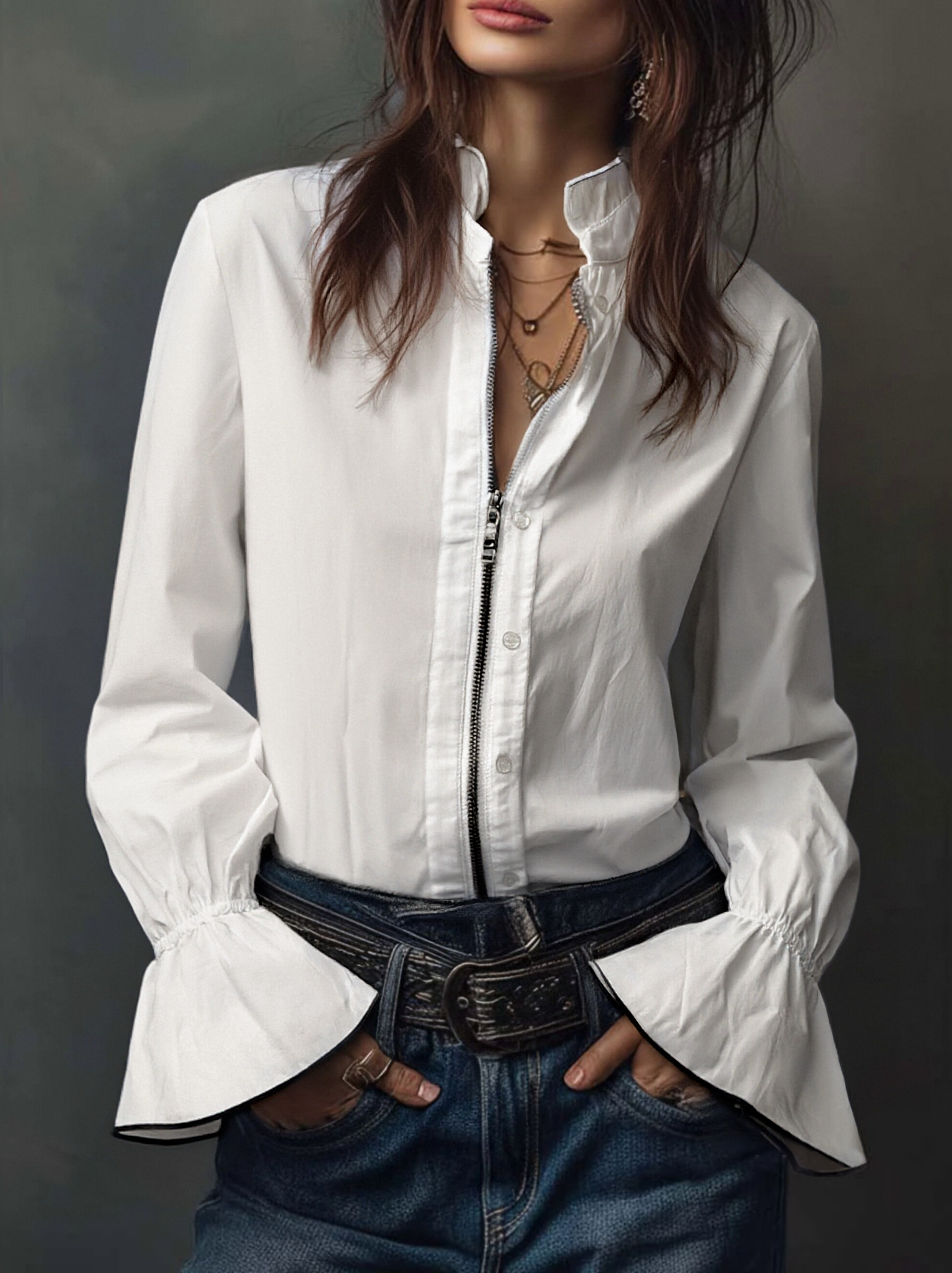 Alix - White Zip-Front Blouse With Flounce Cuffs