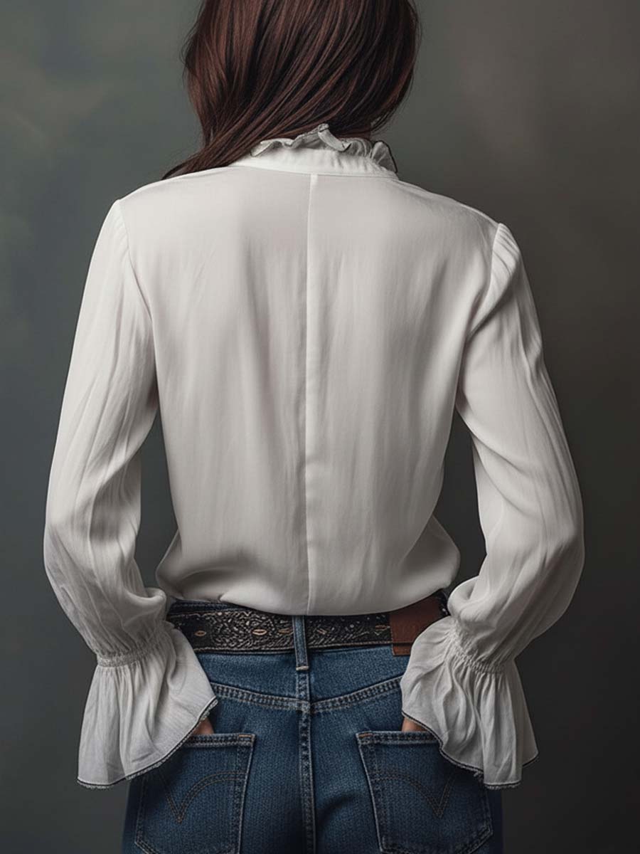 Alix - White Zip-Front Blouse With Flounce Cuffs